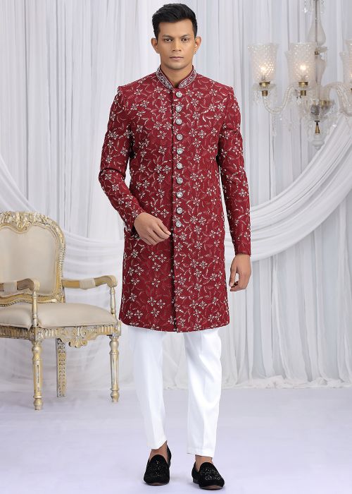 Maroon Indo Western Sherwani With Fine Detailing