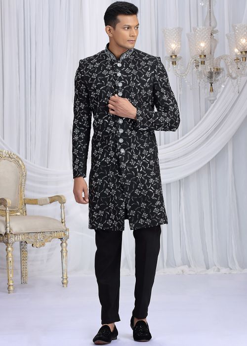 Black Indo Western Sherwani With Thread Embroidery