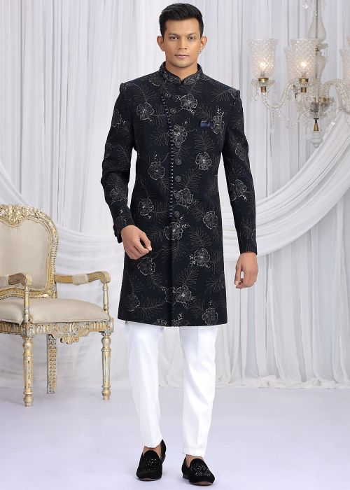 Navy Blue Indo Western Sherwani With Embroidery Work