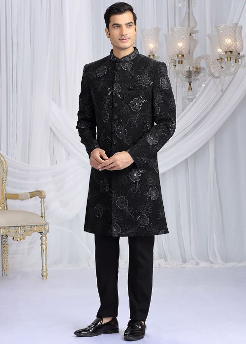 Black Indo Western Sherwani With Embroidery Details