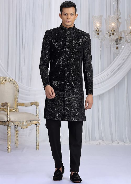 Black Indo Western Sherwani With Embroidery