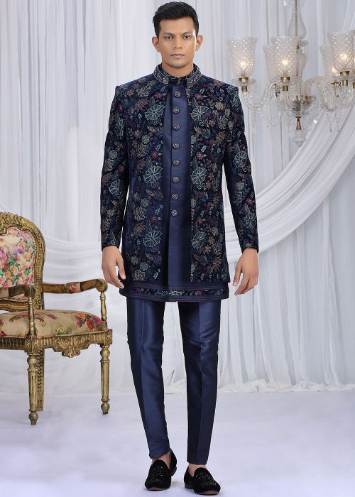 Navy Blue Indo Western Sherwani In Velvet With Beadwork