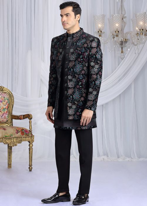 Black Velvet Indo Western Sherwani With Beadswork