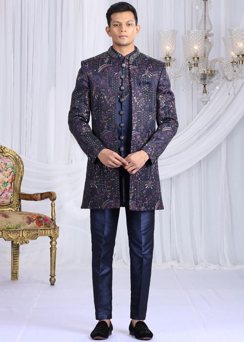 Navy Blue Indo Western Sherwani With Thread Work