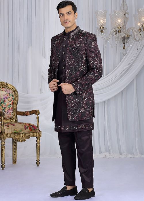 Wine Art Silk Indo Western Sherwani With Sequins