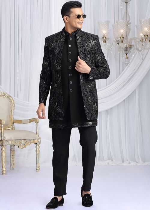 Black Velvet Indo Western Sherwani With Embroidery
