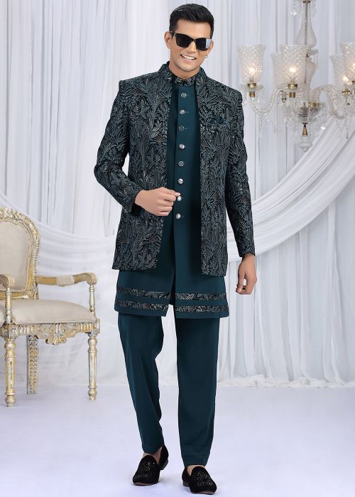 Teal Blue Velvet Indo Western Sherwani With Detailed Embroidery