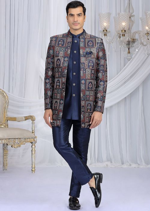 Navy Blue Art Silk Indo Western Sherwani With Embroidery