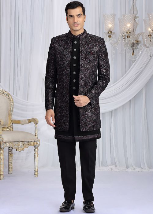 Black Velvet Indo Western Sherwani With Sequins