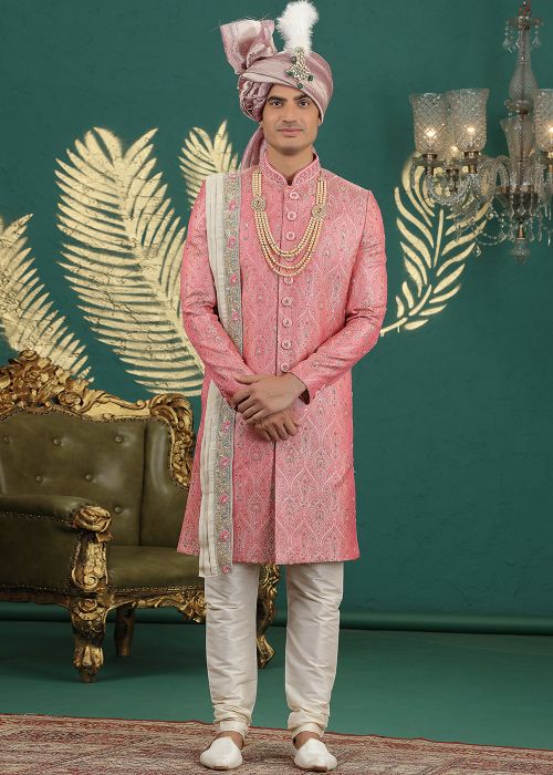 Pink Jacquard Groom Sherwani With Woven Detailing