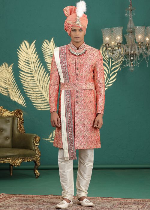 Red Jacquard Groom Sherwani With Woven Work