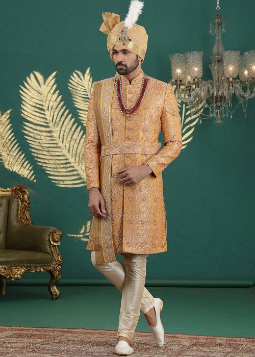 Golden Jacquard Groom Sherwani With Hand Embroidery