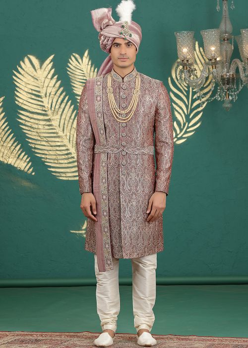 Wine Groom Jacquard Sherwani With Zari Detailing