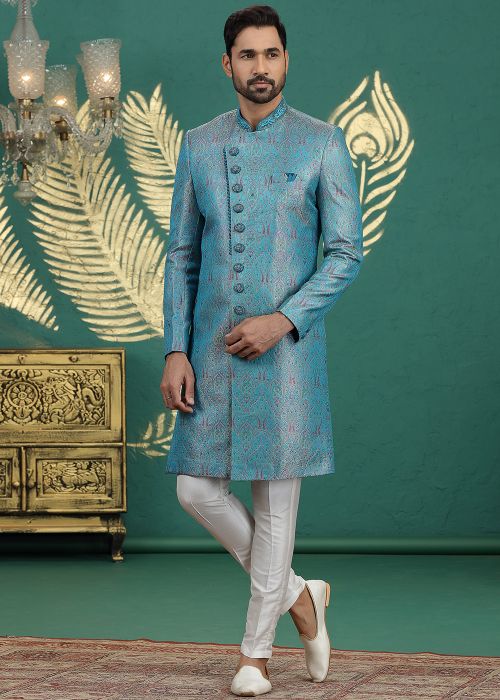 Turquoise Jacquard Sherwani With Woven Work