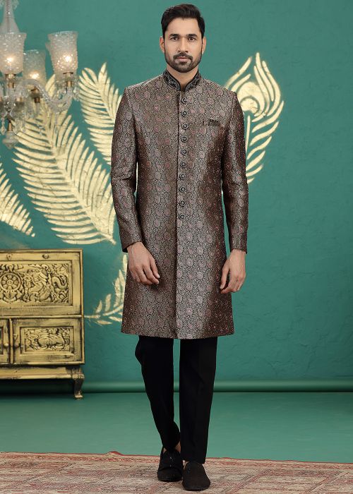 Black jacquard Sherwani With Woven Accents