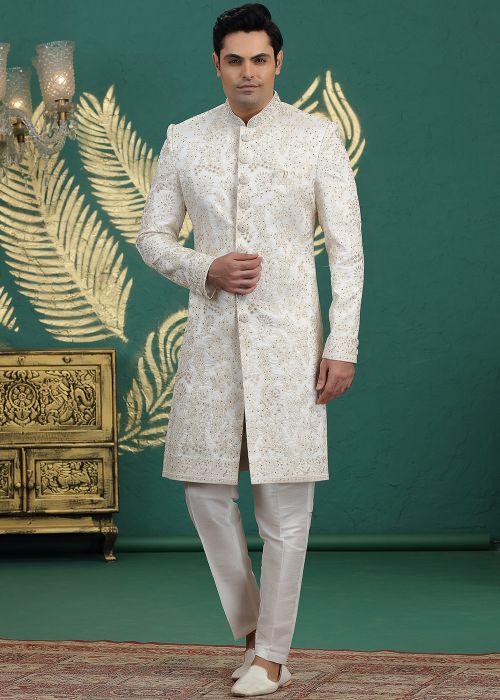 Cream Art Silk Sherwani With Thread Embroidery