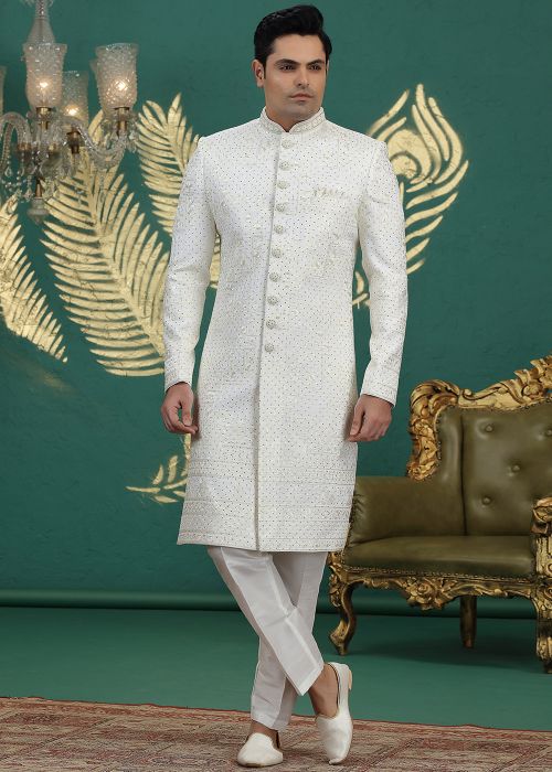 White Art Silk Sherwani With Sequins Embroidery