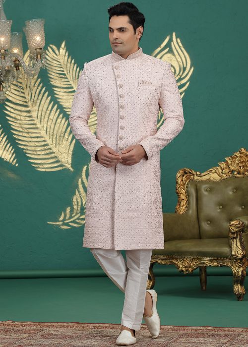 Blush Pink Art Silk Sherwani With Thread Embroidery