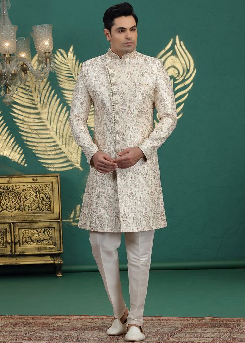 Cream Art Silk Sherwani With Thread Detailing