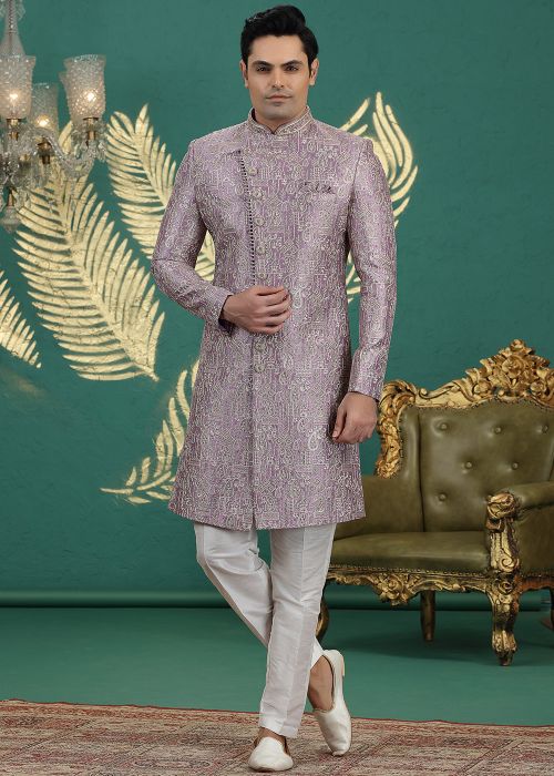 Purple Art Silk Sherwani With Thread Work