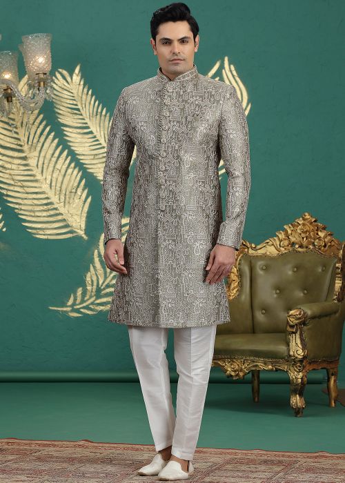 Sage Green Art Silk Sherwani With Thread Detailing