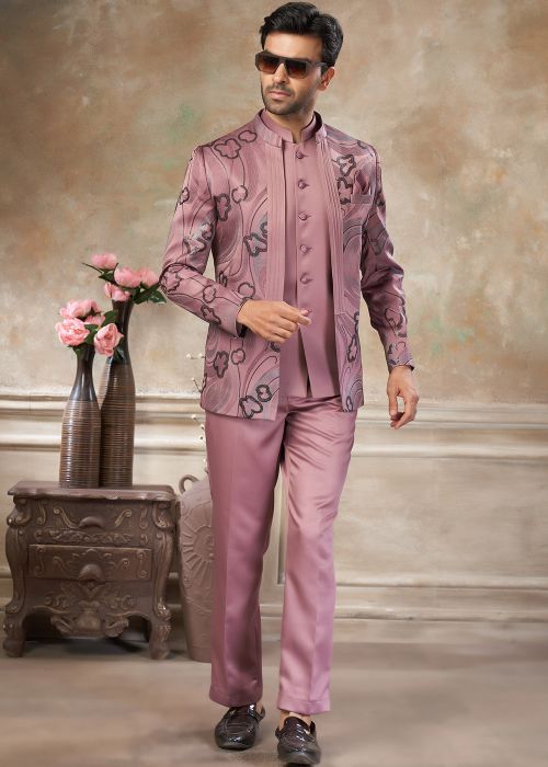 Mauve Purple Rayon Jodhpuri Suit With Thread Embroidery