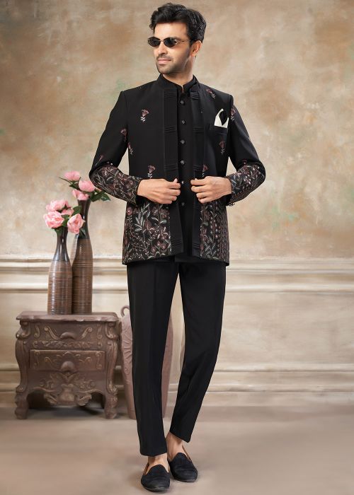 Black Rayon Jodhpuri Suit With Thread Embroidery