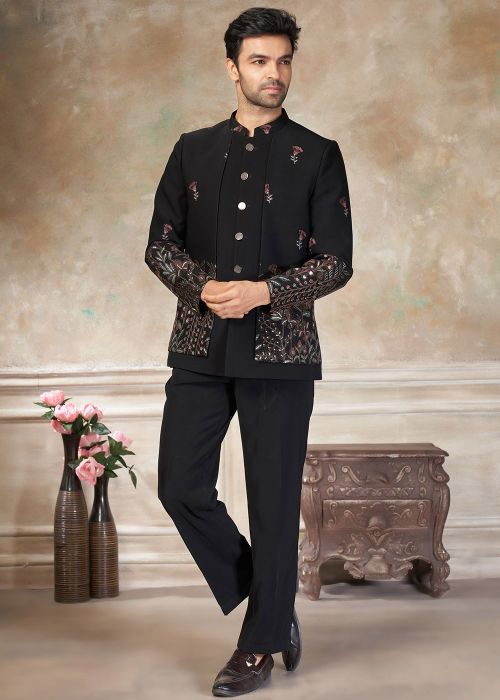 Black Designer Bandhgala Jodhpuri Suit With Thread Work