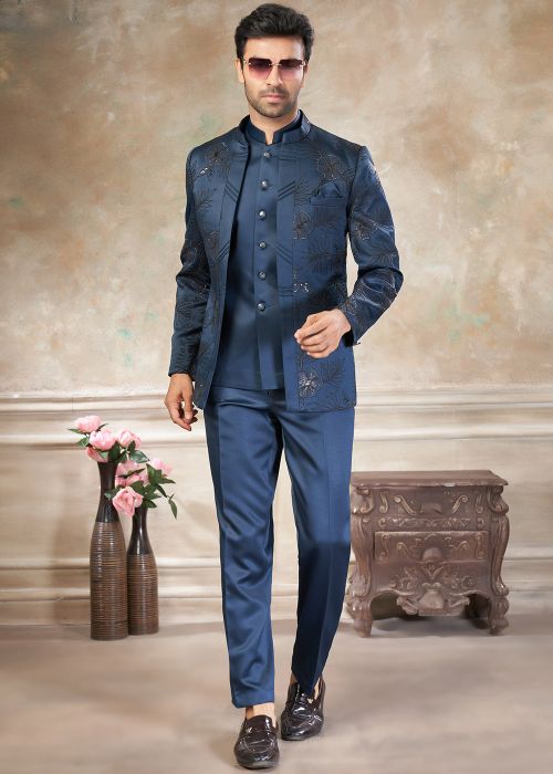 Navy Blue Bandhgala Jodhpuri Suit With Thread Accents