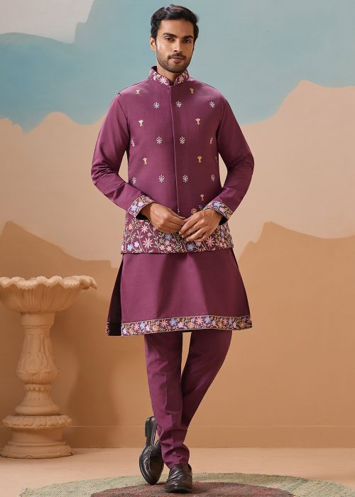 Mauve Pink Kurta Pajama With Embroidered Nehru Jacket