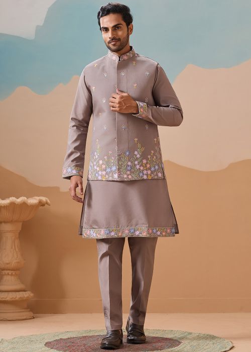 Grey Viscose Kurta Pajama With Pastel Nehru Jacket