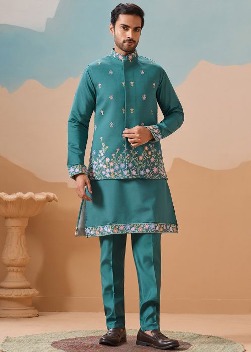 Teal Blue Viscose Kurta Pajama With Floral Bordered Jacket
