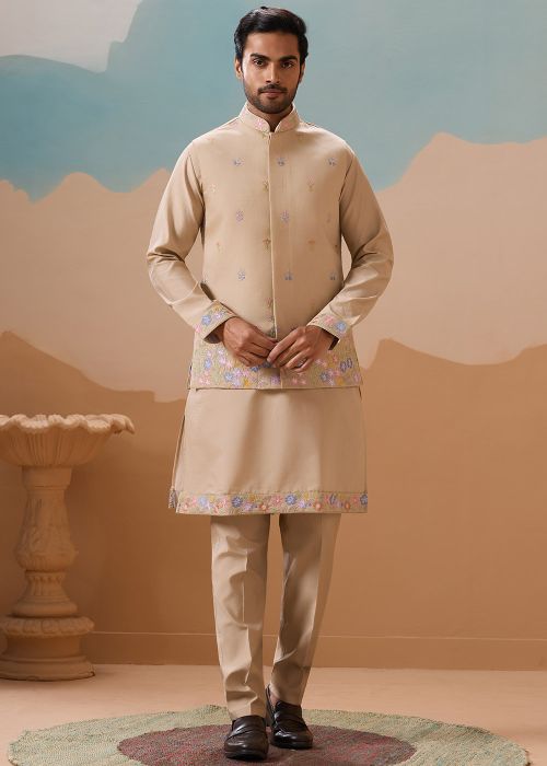 Beige Viscose Kurta Pajama With Garden Motif Jacket