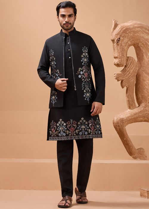 Black Embroidered Kurta Pajama With Nehru Jacket