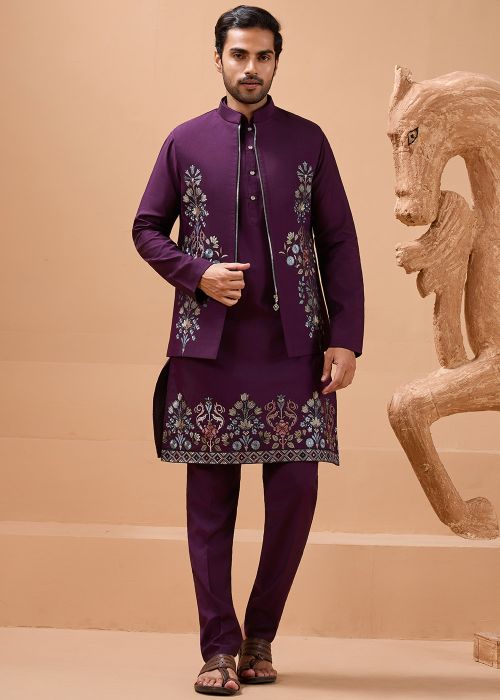 Purple Embroidered Kurta Pajama With Nehru Jacket
