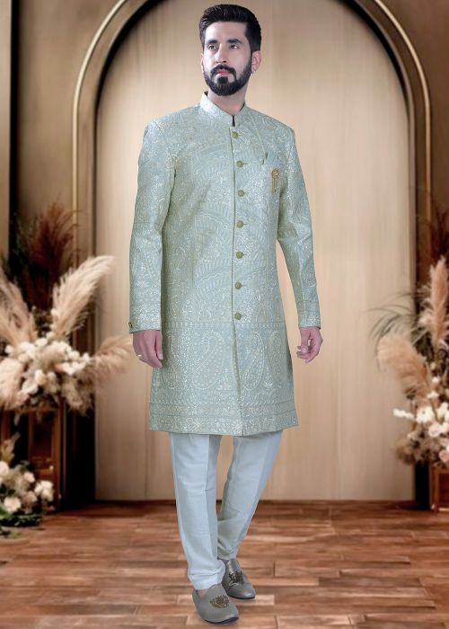 Mint Green Silk Sherwani With Embroidered Detailing