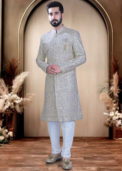 Beige Silk Sherwani With Sequins Embroidery