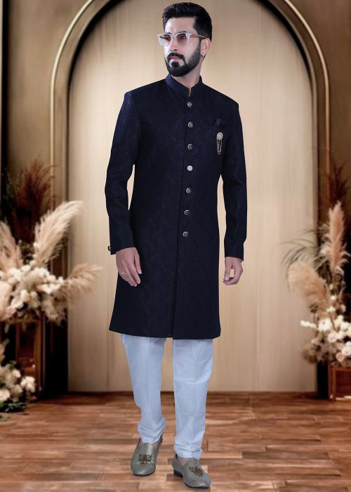 Navy Blue Terry Rayon Woven Indo Western Sherwani