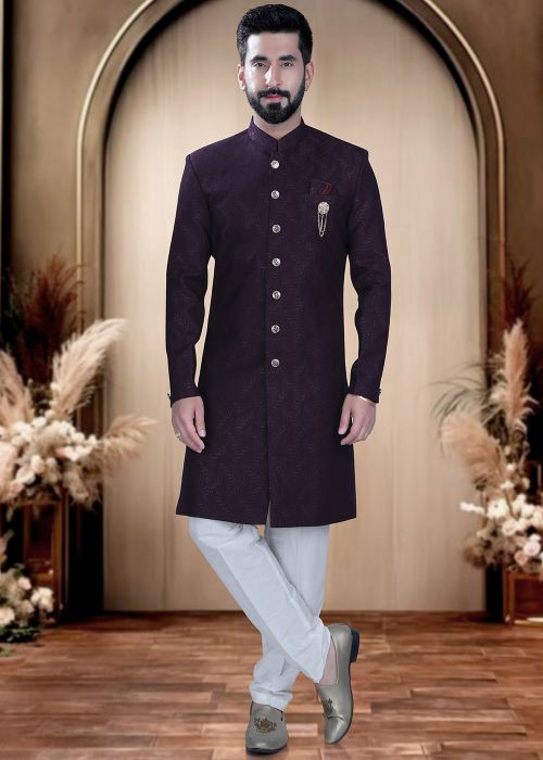 Wine Terry Rayon Woven Indo Western Sherwani