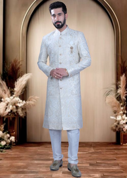 White Silk Sherwani With Thread Embroidery