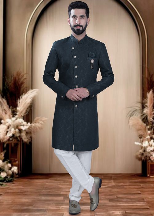 Green Terry Rayon Woven Indo Western Sherwani