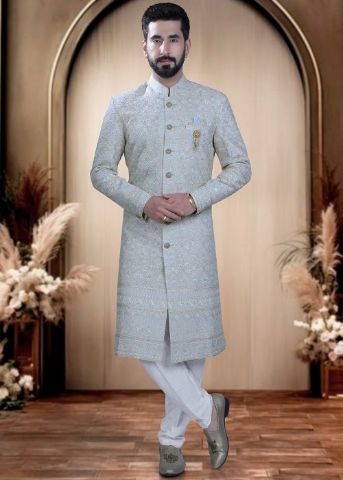 Light Blue Georgette Sherwani With Thread Work