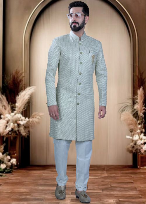 Pastel Green Silk Indo Western Sherwani With Embroidery