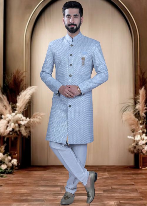 Sky Blue Silk Indo Western Sherwani With Sequins Work