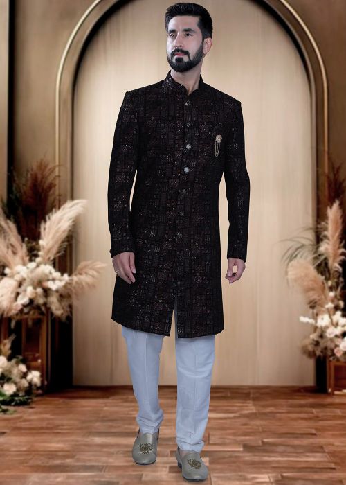 Black Velvet Indo Western Sherwani With Thread Embroidery