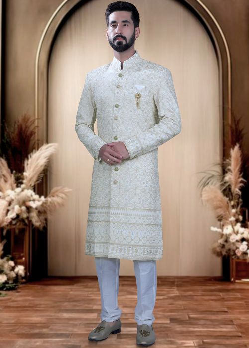 White Georgette Sherwani With Embroiderey