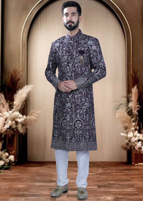 Wine Terry Rayon Sherwani With Thread Work