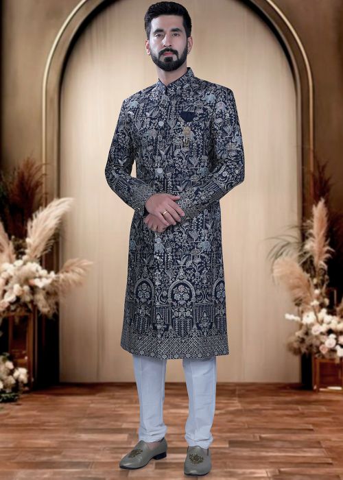 Navy Blue Terry Rayon Sherwani With Thread Detailing