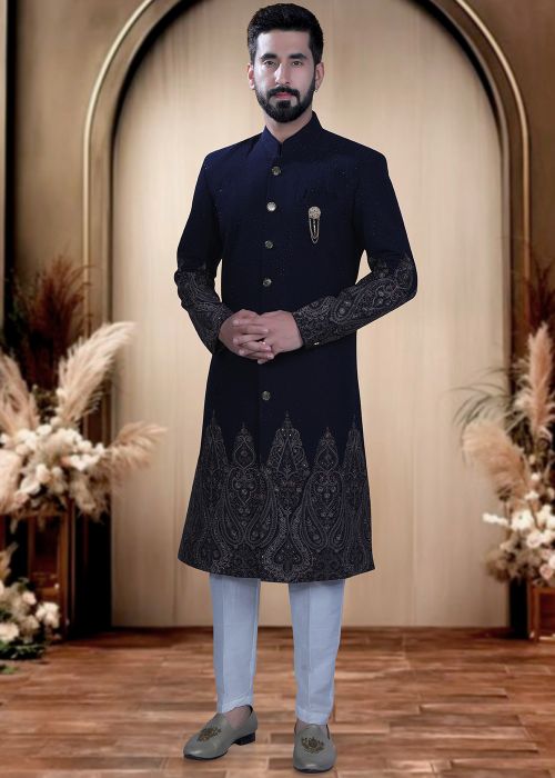 Navy Blue Terry Rayon Sherwani With Sequins Border