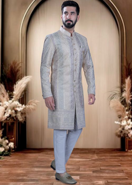 Cream Velvet Indo Western Sherwani With Thread Highlights